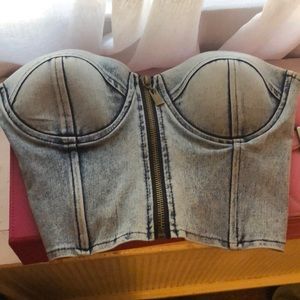 acid wash small bustier crop top w/ zip front